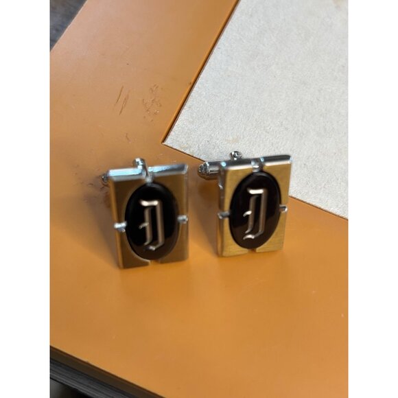 Gold & Black Rectangular Cufflinks With "D" Oval Design Metal Finish - Picture 2 of 6